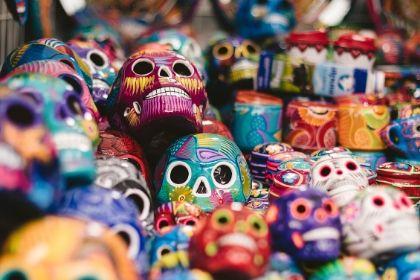 Colorful painted skulls for sale in Mexico