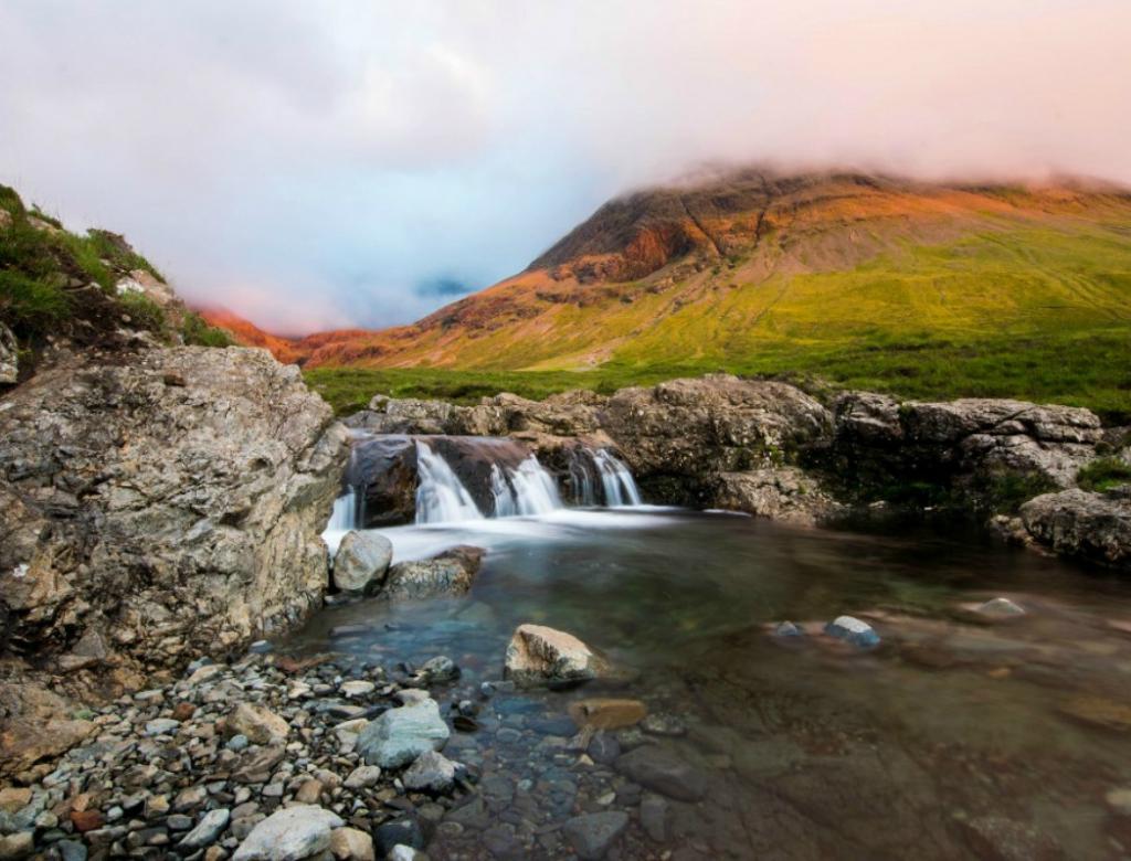 A waterfall at the Fairy Pools in Scotland.