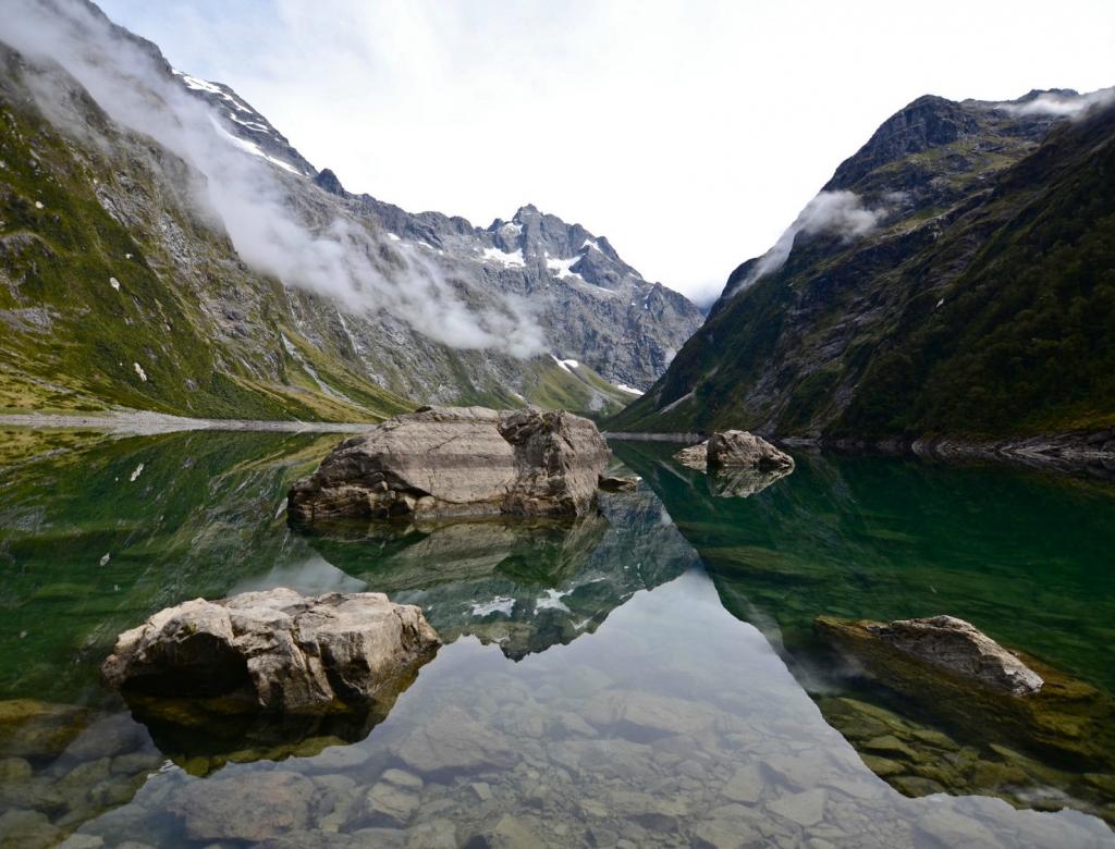 Reflective view of a glacial lake in New Zealand