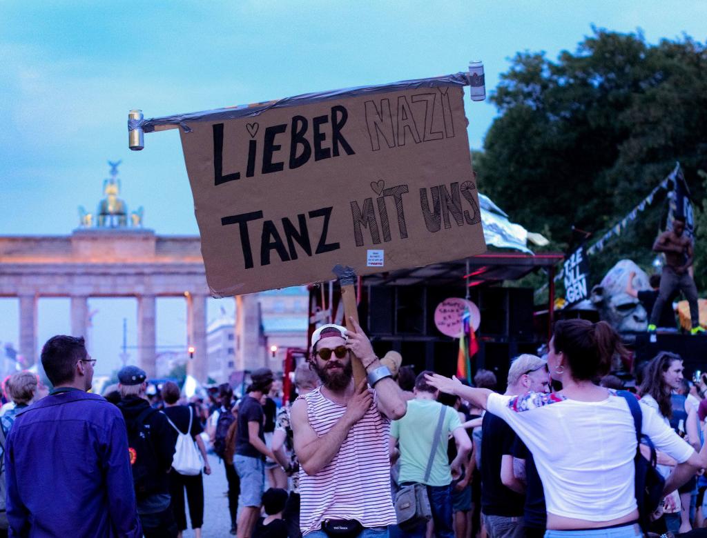 Berliners of all ages counter protesting against anti-immigration right wing protesters using club music, music that Berlin is well known for.
