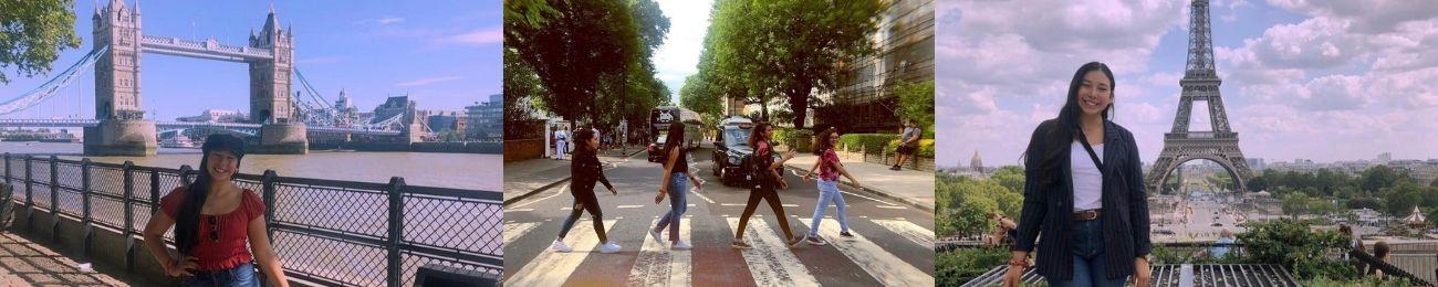 Three photos of Daisy- in front of London Bridge, Eiffel Tower, and crossing Abbey Road