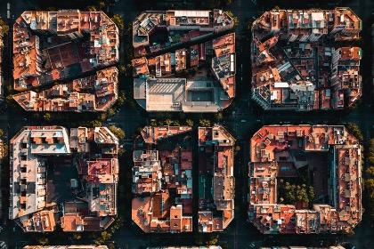 Aerial shot of 6 apartment buildings 