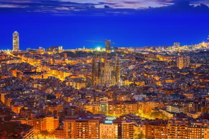 Aerial view of Barcelona at night