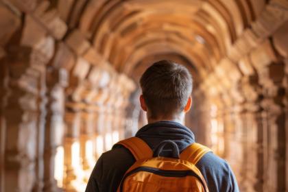 Student with their back to the camera looking at ruins of a building