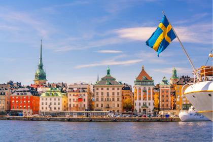 View of Stockholm shore homes along a river