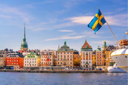 View of Stockholm shore homes along a river