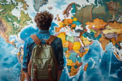Student looking at map of the world
