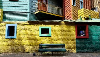 Multi-colored building with funky geometric architecture